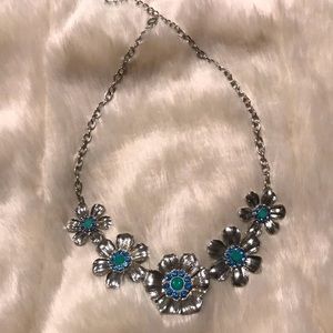 Blue and green stone silver tone flower necklace
